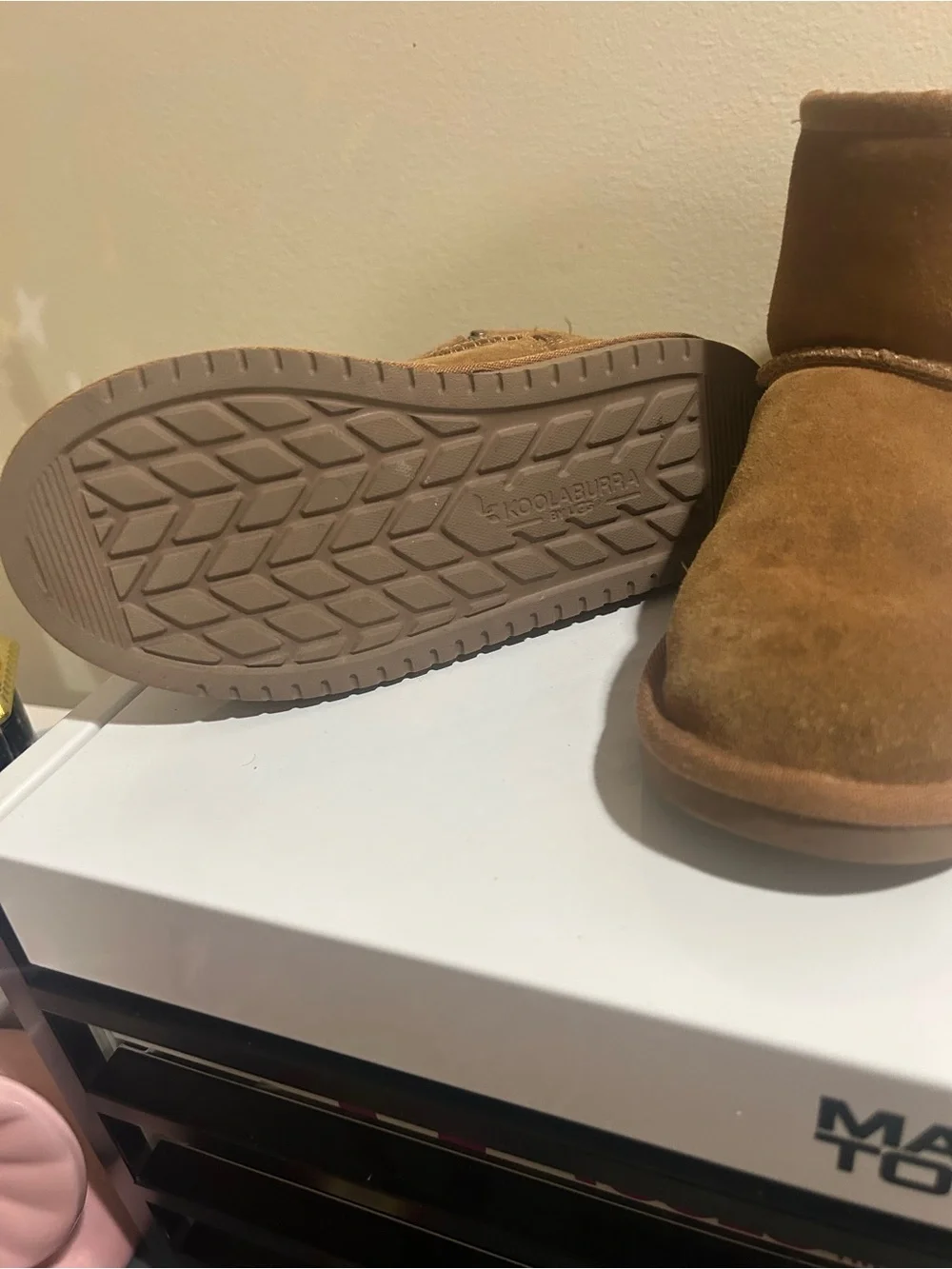 Koolaburra Chestnut Suede Kids Boots with Bow and Sherpa Trim